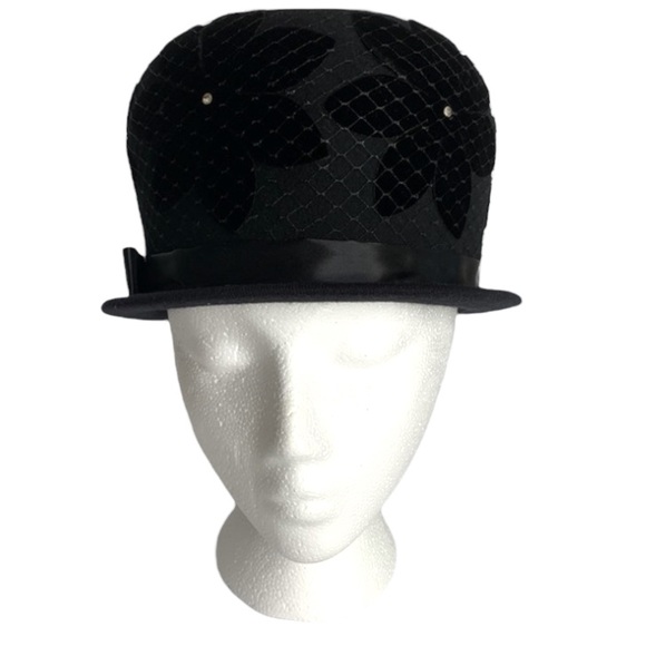 Vintage Henry Pollak Derby Hat Glenover Black Netting Velvet Flower Appliqués - Picture 2 of 16